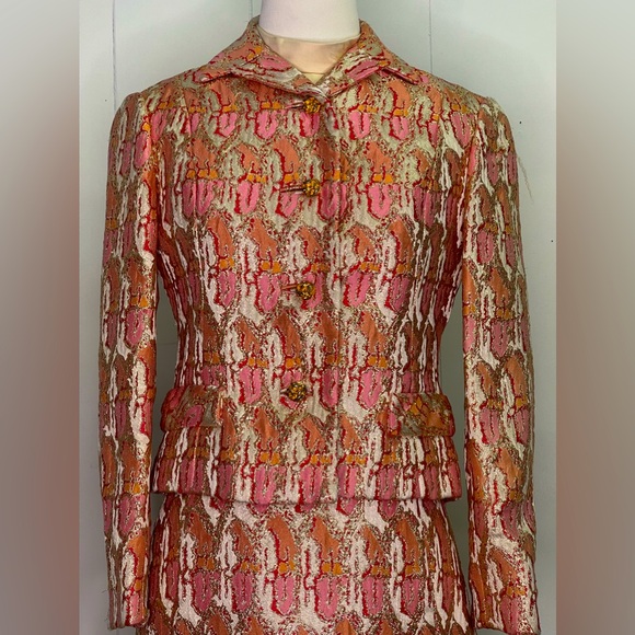Vintage 1960s Jacquard Cocktail Dress w/ Jacket formal ensemble two piece set - Picture 1 of 7